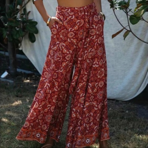 Paisley Floral Boho Gypsy Print Wide Leg Pants - Picture 2 of 6